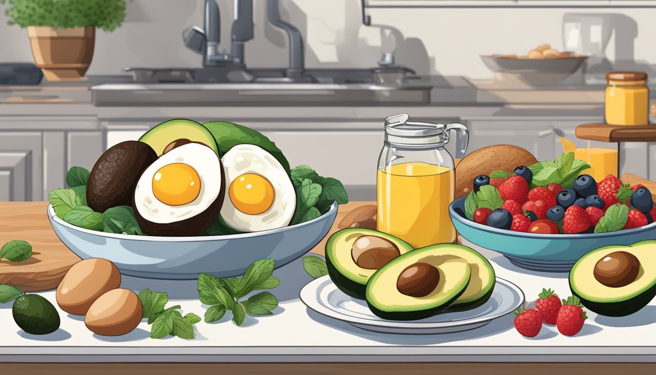 A kitchen counter with a variety of low-carb breakfast ingredients such as eggs, avocados, berries, and nuts. A cookbook with diabetic-friendly recipes is open nearby