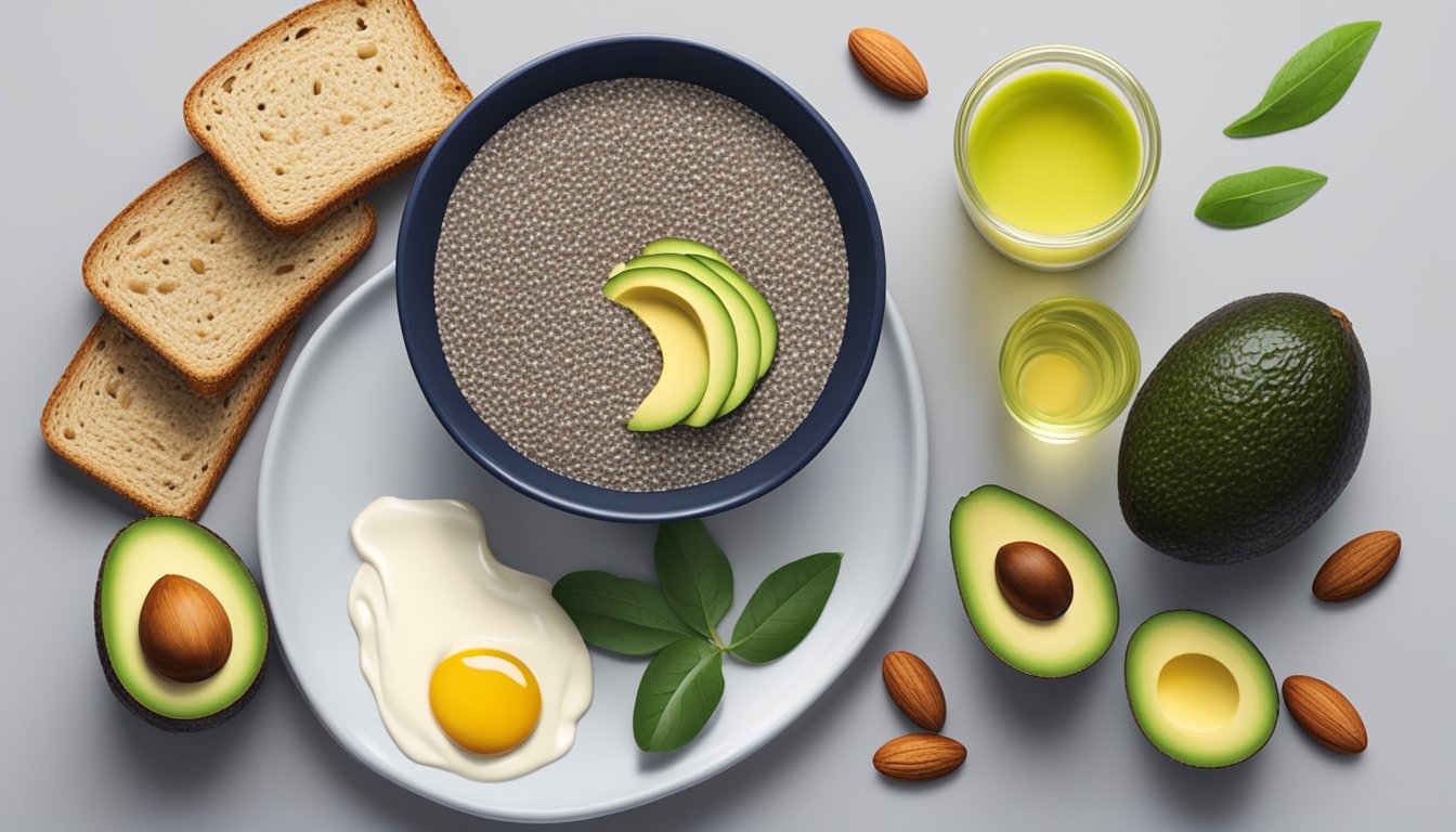 A bowl of chia seeds, surrounded by avocados, nuts, and olive oil, with a glass of almond milk and a plate of whole grain toast