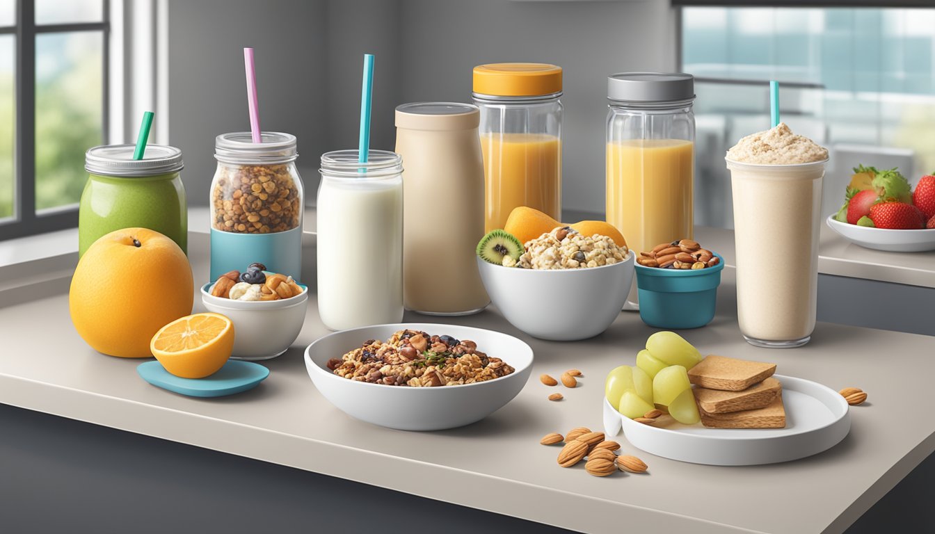 A kitchen counter with a variety of grab-and-go breakfast items such as fruit, yogurt, nuts, granola bars, and pre-made smoothies