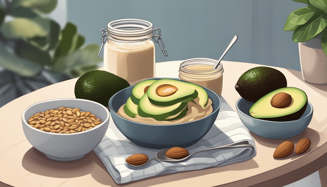 A breakfast table with a jar of almond butter, surrounded by avocados, nuts, and seeds. A bowl of oatmeal and a glass of almond milk complete the scene