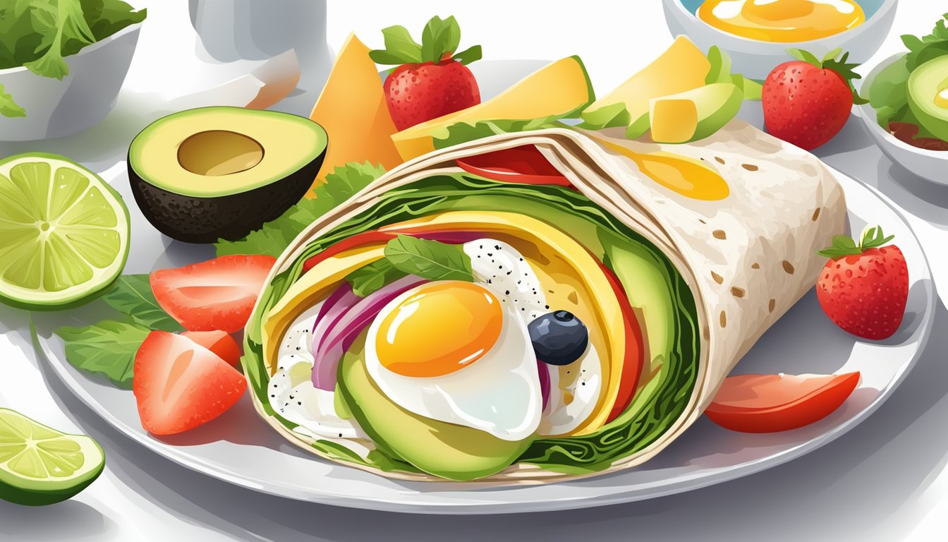 A colorful breakfast wrap with sliced avocado and cooked egg, surrounded by fresh fruits and vegetables on a clean, white plate