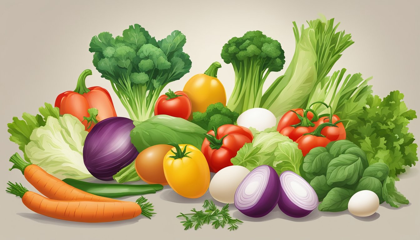 A colorful array of fresh vegetables, eggs, and herbs arranged on a kitchen counter, ready to be transformed into a delicious vegetable omelette