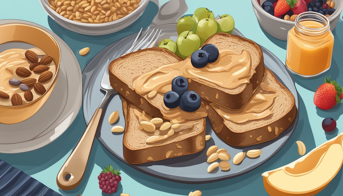 A plate with whole grain toast slathered in peanut butter, surrounded by fresh fruits and nuts, set against a backdrop of a kitchen counter with meal prep containers