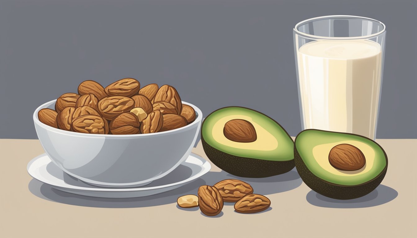 A bowl filled with walnuts, almonds, and avocados sits on a breakfast table, surrounded by a glass of milk and a plate of whole grain toast