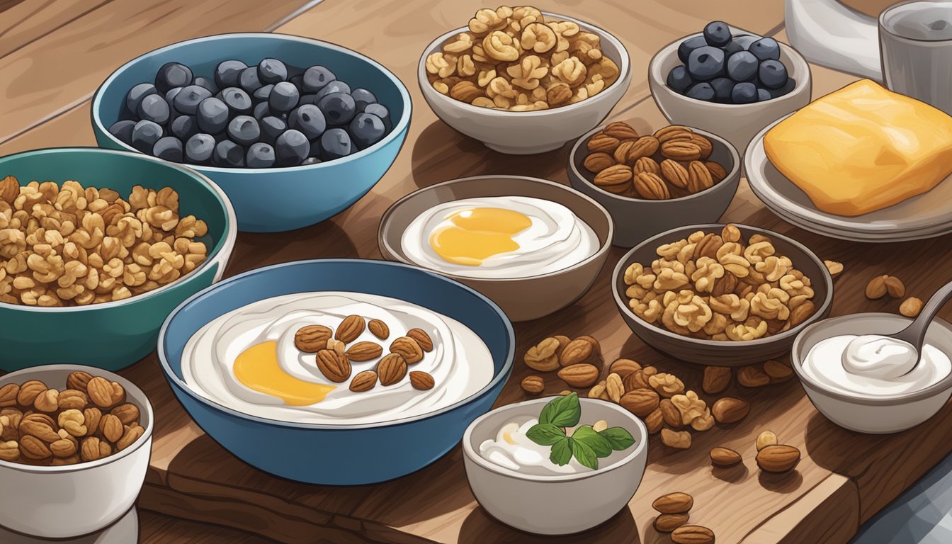 A bowl of Greek yogurt topped with walnuts sits on a wooden table, surrounded by six other prepped breakfast meals