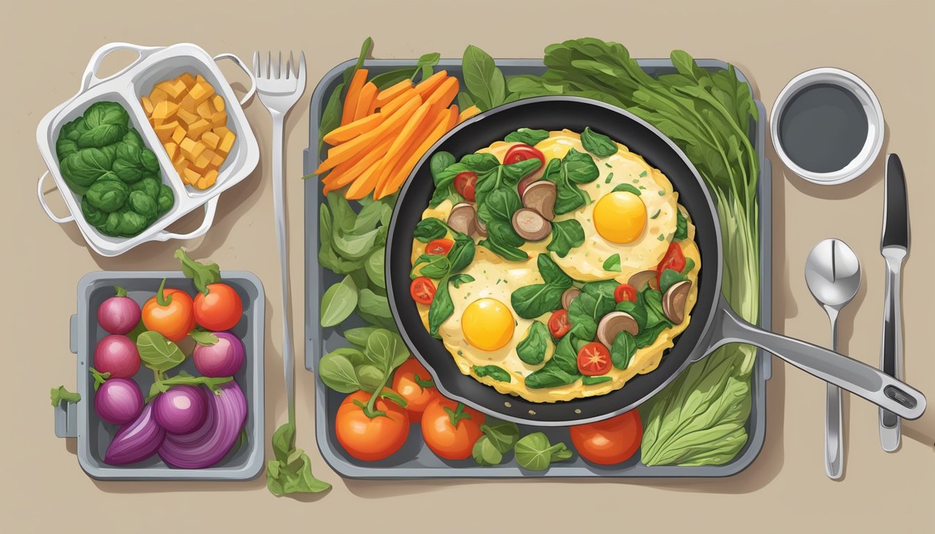 A sizzling skillet with a spinach and mushroom omelette surrounded by colorful vegetables and a neatly organized meal prep station