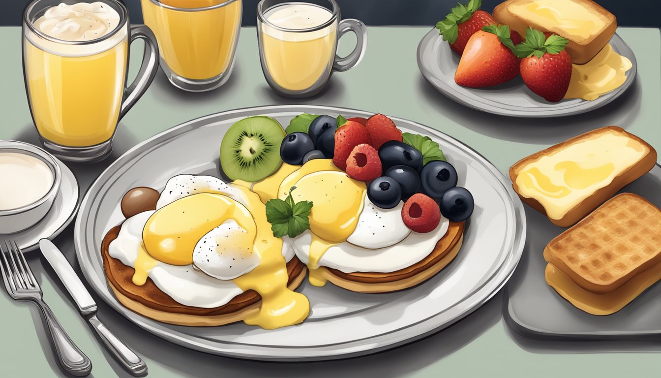 A plate of classic Eggs Benedict with hollandaise sauce, poached eggs, and English muffins, accompanied by a side of fresh fruit and a cup of coffee