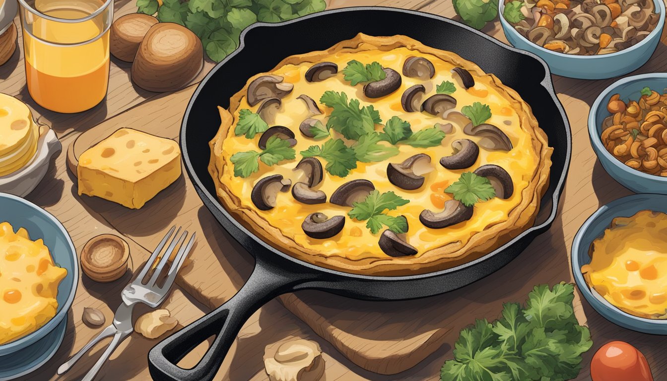 A sizzling frittata in a cast iron skillet, filled with mushrooms and melted cheddar, surrounded by colorful breakfast ingredients