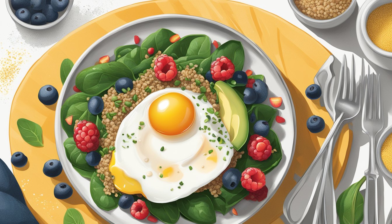 A sunny-side-up egg nestled on a bed of sautéed spinach and quinoa, surrounded by colorful berries and sliced avocado