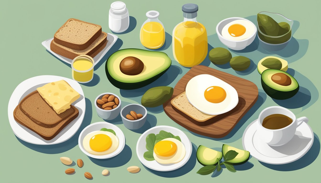 A breakfast table with a variety of healthy fats such as avocado, nuts, and olive oil, alongside diabetic-friendly foods like eggs and whole grain toast