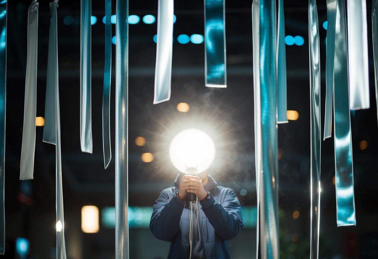 A figure holding a bright light, surrounded by hanging strips of reflective material, with a strong, steady breeze blowing through the area
