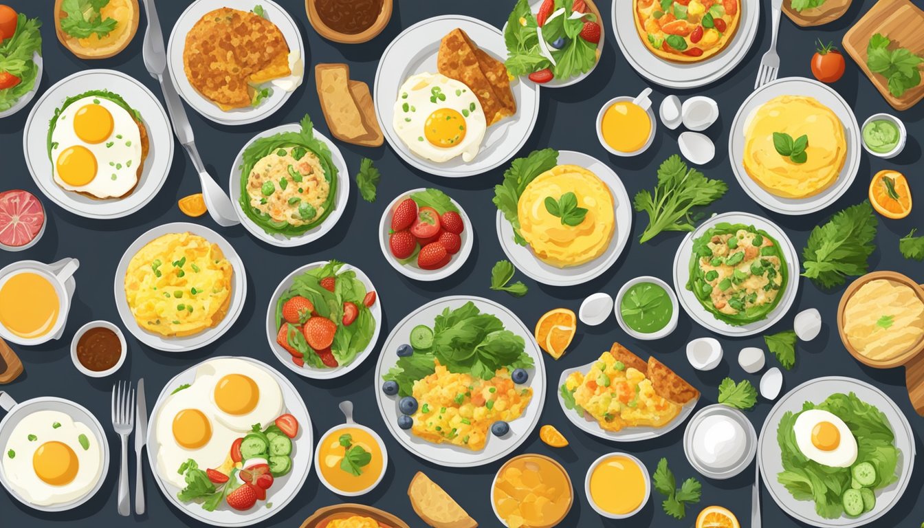 A table set with a variety of egg-based breakfast dishes, including omelettes, frittatas, and scrambled eggs, accompanied by fresh fruits and vegetables