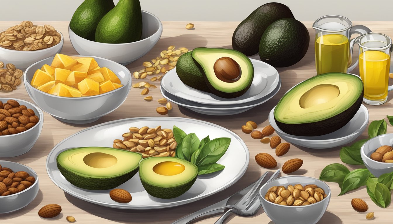 A breakfast table with a variety of foods rich in healthy fats such as avocados, nuts, seeds, and olive oil