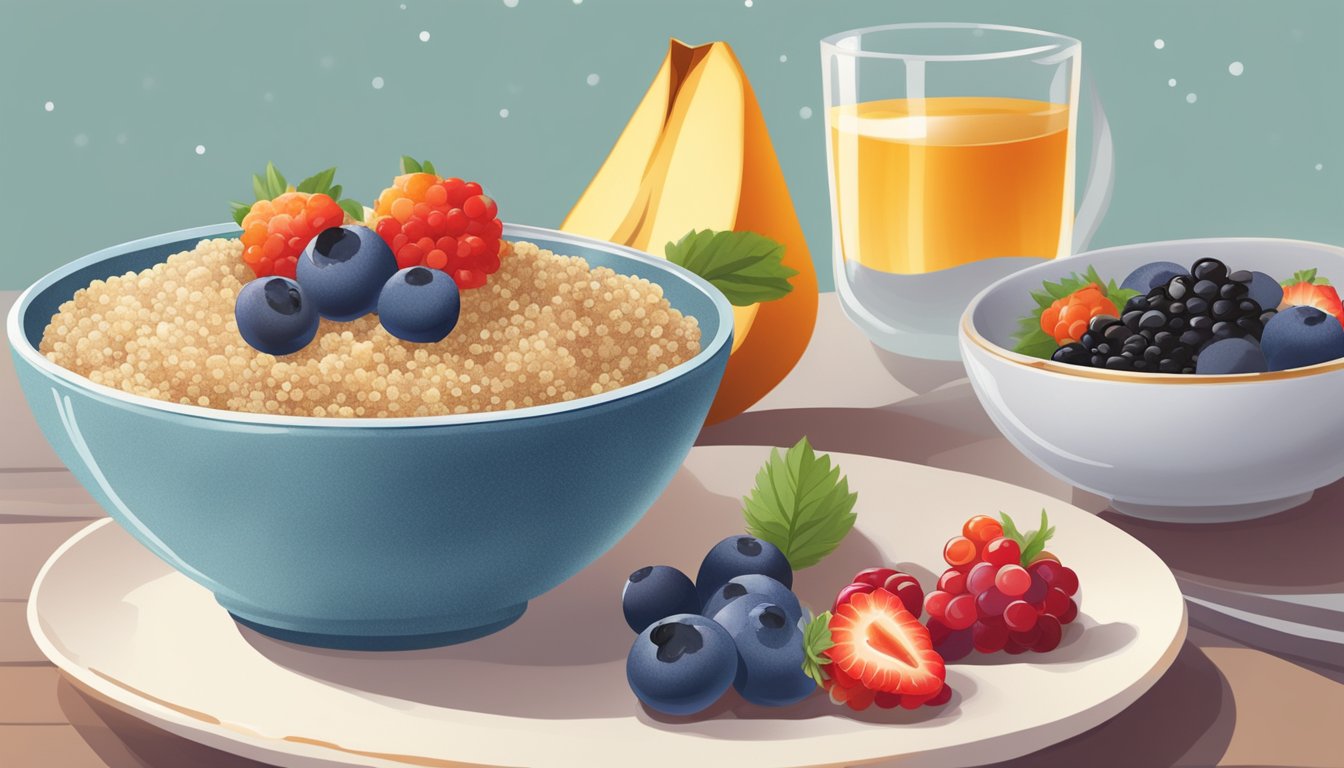 A bowl of quinoa porridge topped with a colorful array of fresh berries, set against a backdrop of international breakfast dishes