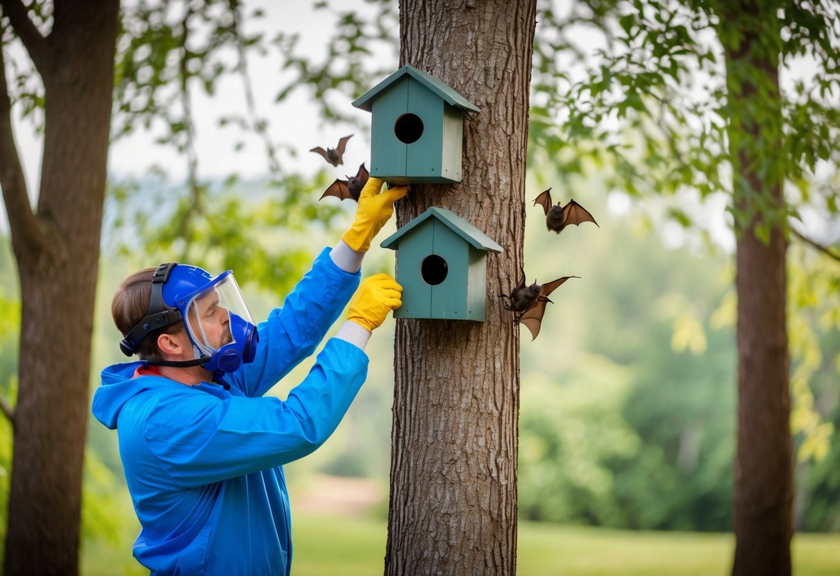 A person hanging bat houses in a tree while wearing protective gear and using a bat repellent spray