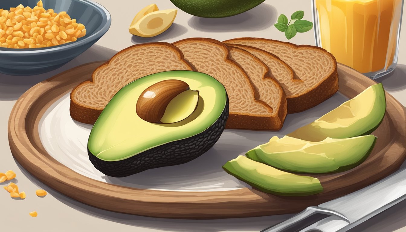 A piece of whole grain toast topped with sliced avocado on a plate, surrounded by a variety of high-fiber breakfast foods for diabetics