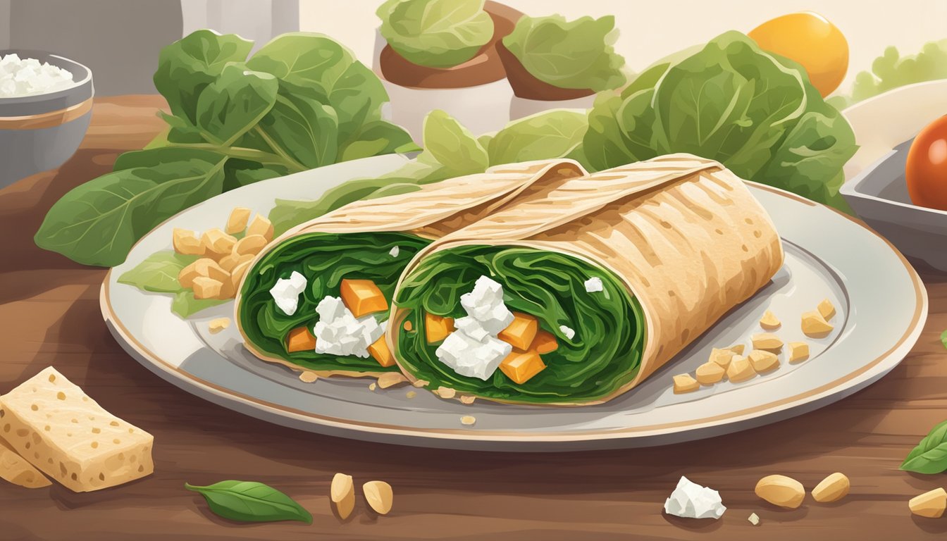 A colorful whole wheat wrap filled with spinach and feta, surrounded by fresh ingredients and a warm, inviting atmosphere