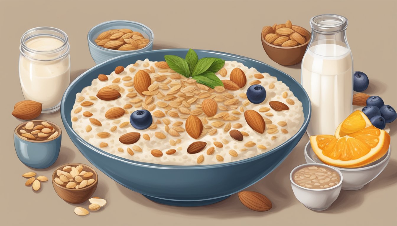 A bowl of oatmeal with almond milk, surrounded by international breakfast dishes, adapted for diabetics