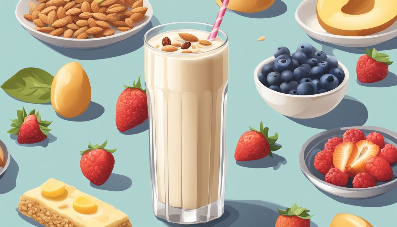 A tall glass filled with a creamy almond milk smoothie surrounded by a variety of high-fiber breakfast foods, such as oats, berries, and nuts