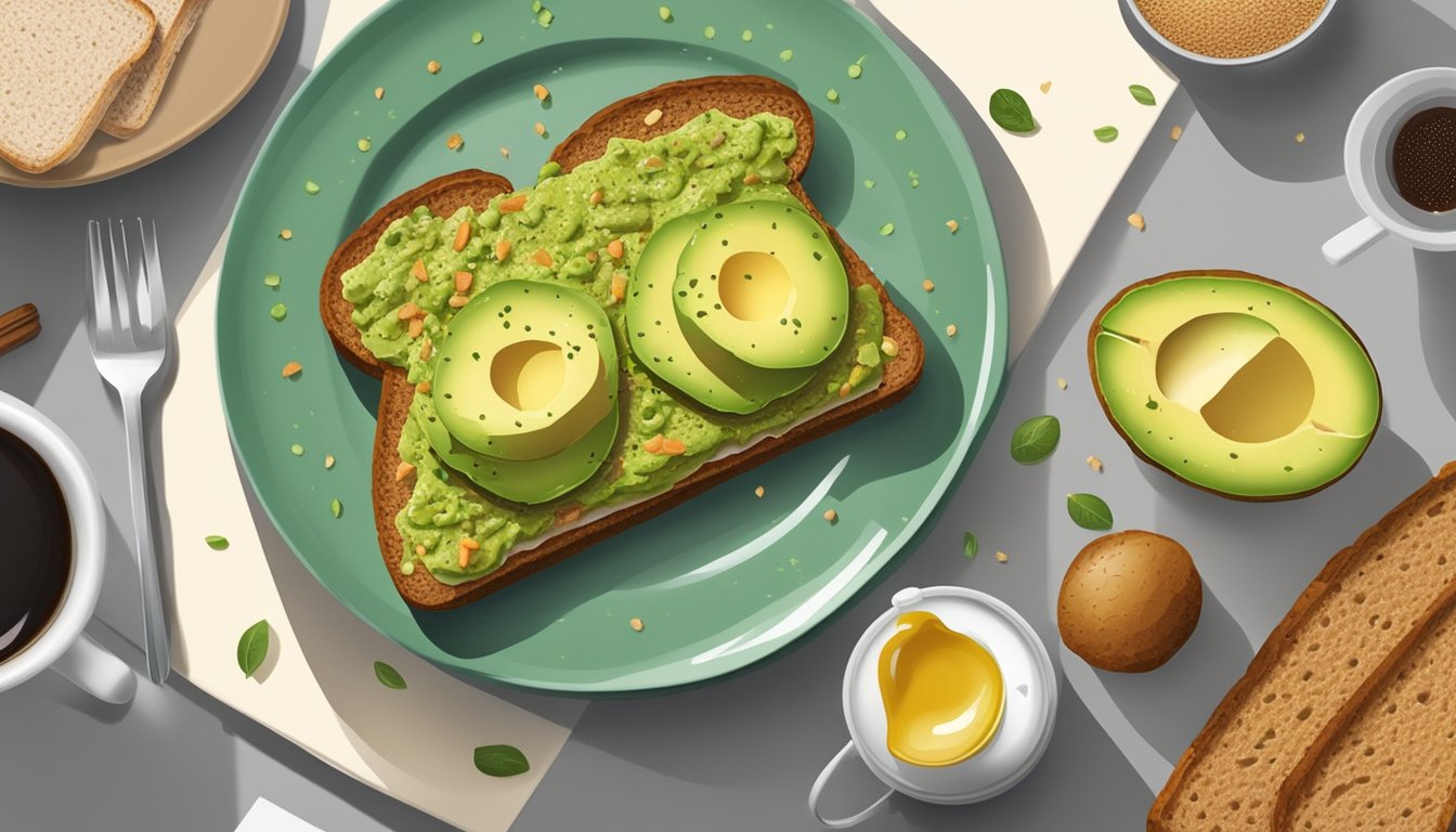 A plate of avocado toast with whole grain bread, topped with sliced avocado and sprinkled with seasoning, sits on a table next to a cup of coffee