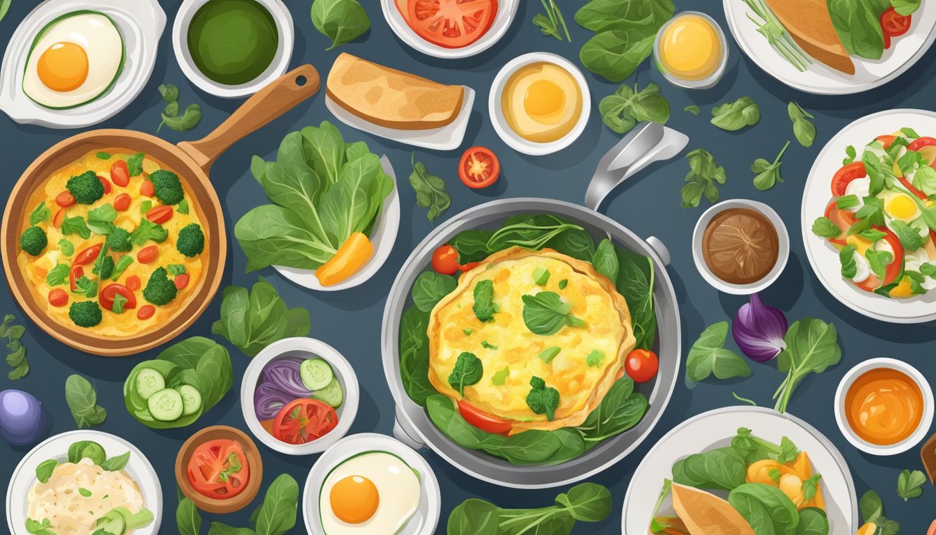 A colorful vegetable omelette sizzling in a pan, with fresh spinach and other vibrant ingredients, surrounded by a variety of international breakfast dishes