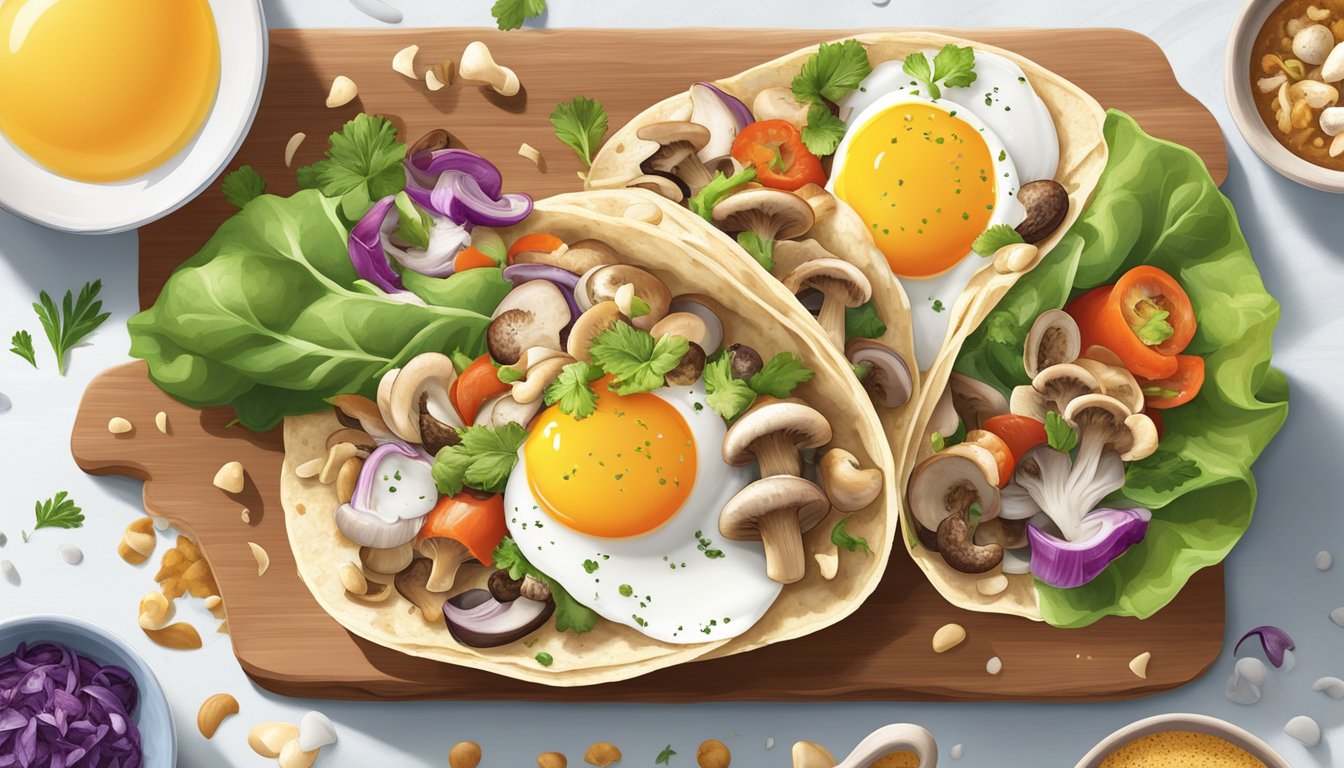 A colorful array of fresh mushrooms and fluffy egg whites arranged on a whole grain wrap, surrounded by vibrant, nutrient-rich ingredients