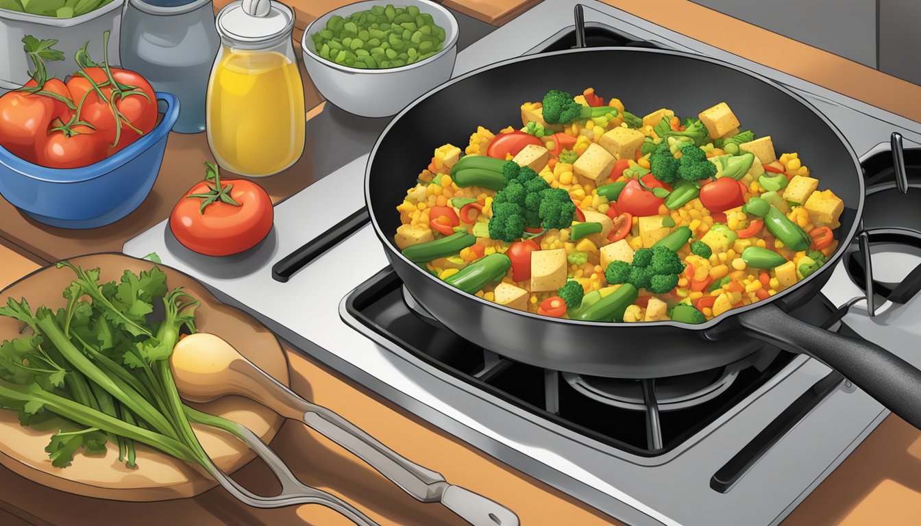 A colorful tofu scramble with a variety of mixed vegetables sizzling in a pan on a stovetop