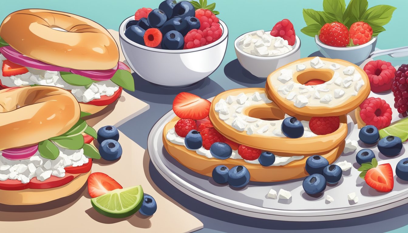 A bagel topped with cottage cheese and fresh berries on a plate, surrounded by a colorful array of other diabetic-friendly breakfast sandwich ingredients