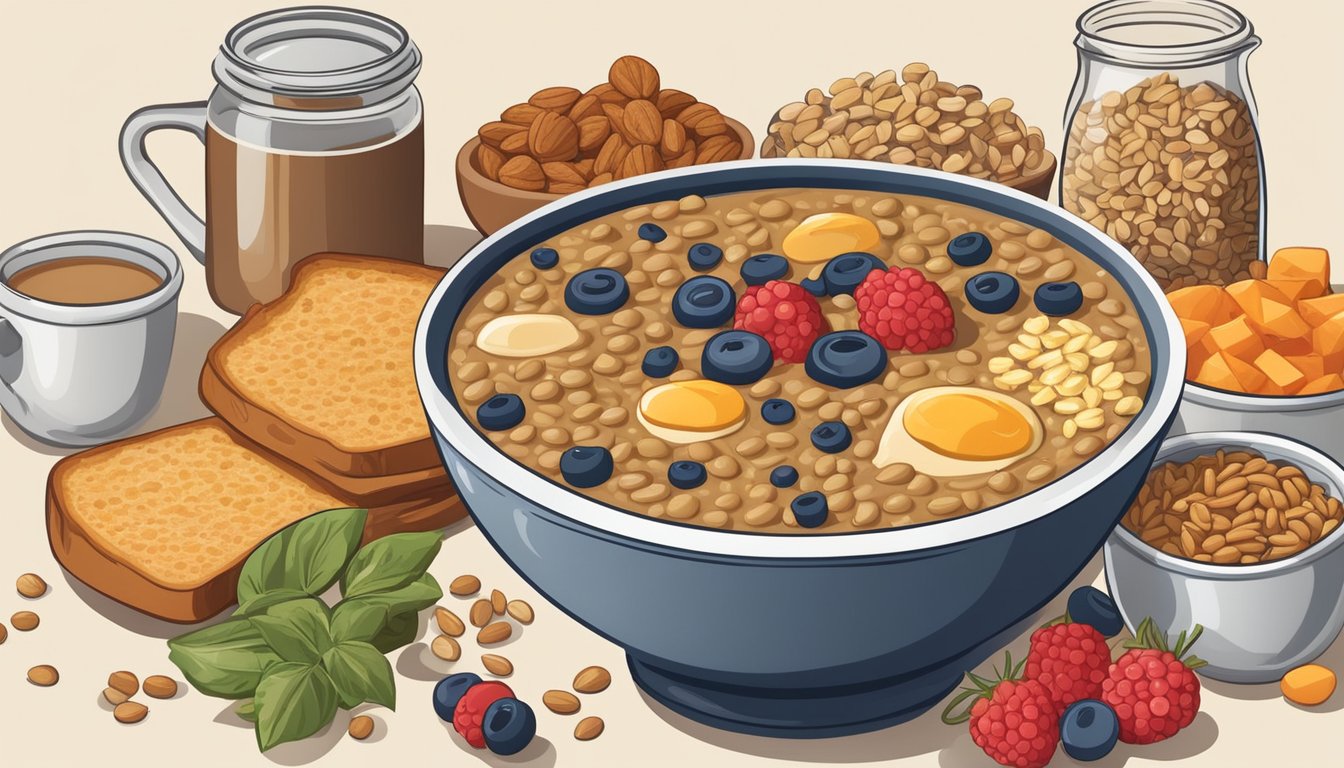 A steaming bowl of lentil breakfast soup surrounded by a variety of high-fiber breakfast foods, such as oats, berries, and nuts