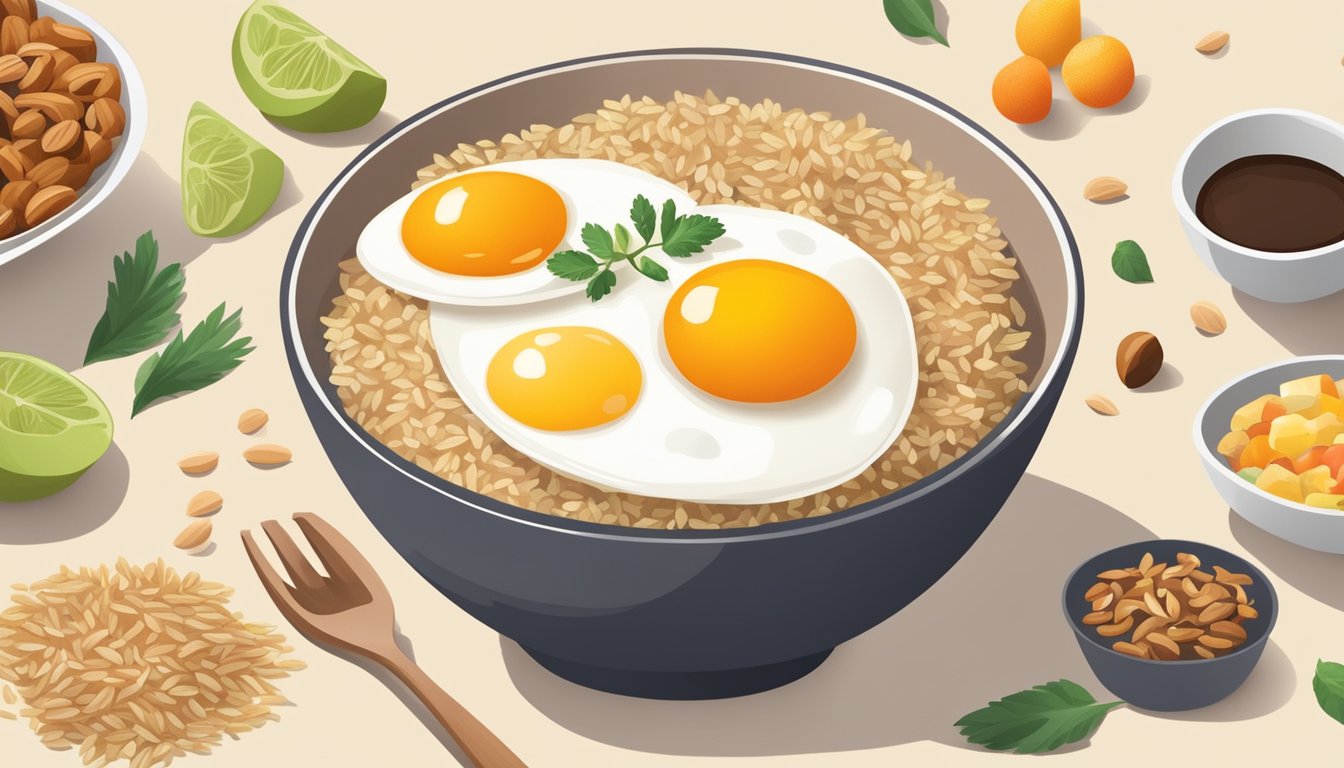 A bowl filled with brown rice, topped with a fried egg and surrounded by high-fiber breakfast foods like fruits, nuts, and whole grains