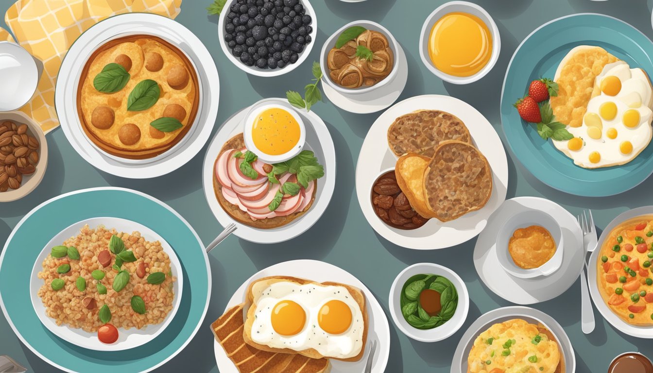 A table set with 10 international breakfast dishes, each adapted to be diabetic-friendly, showcasing a variety of colors, textures, and flavors