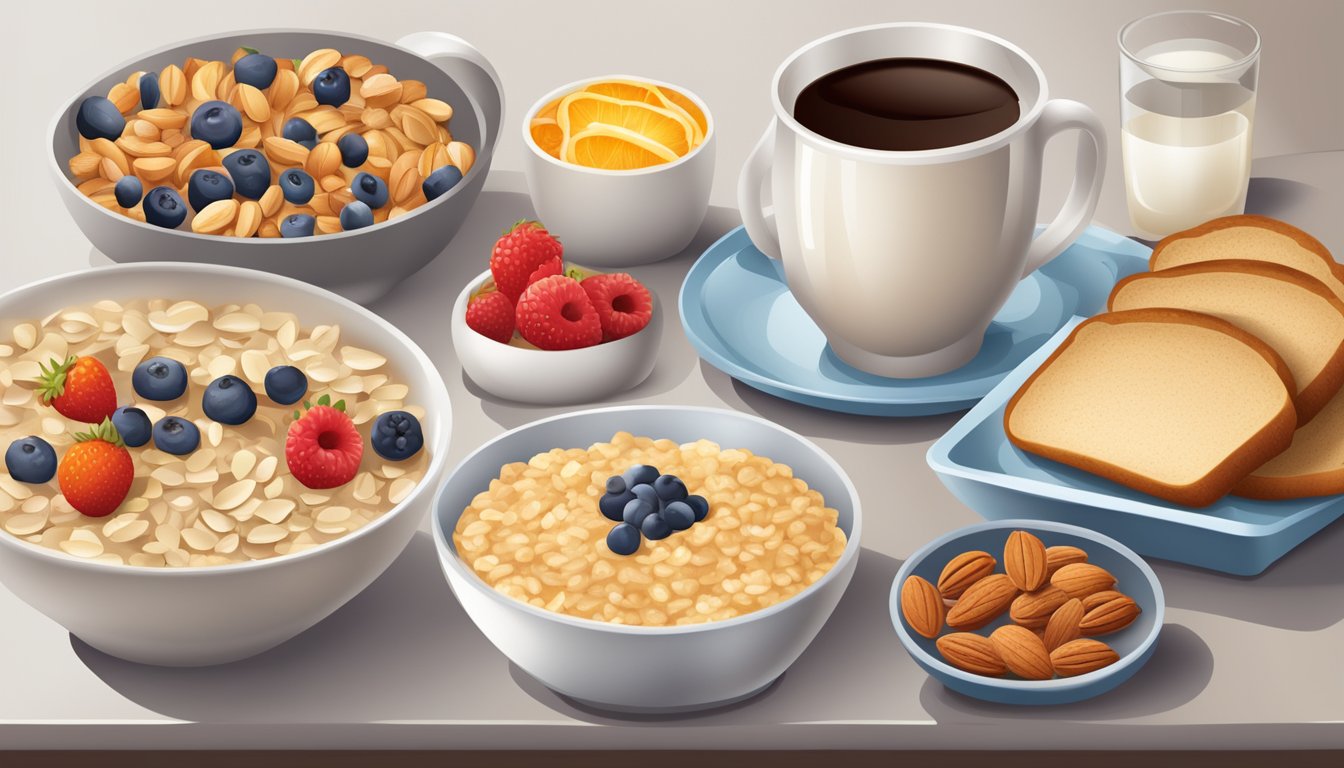 A table set with a variety of high-fiber breakfast foods such as oatmeal, whole grain toast, fruits, and nuts, with a glass of water or tea