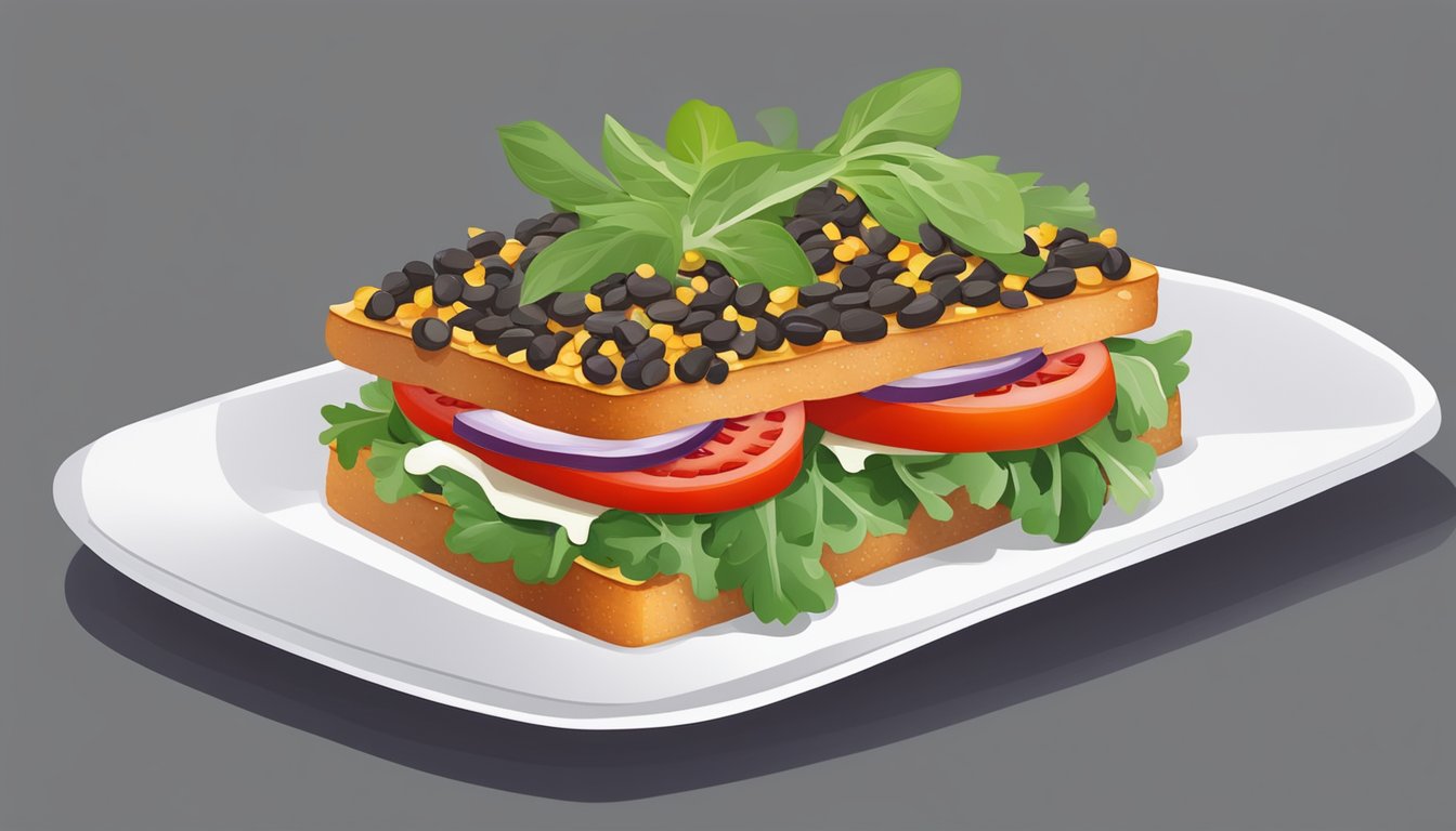 A colorful open sandwich with layers of lentils, tomato, and fresh greens on a plate