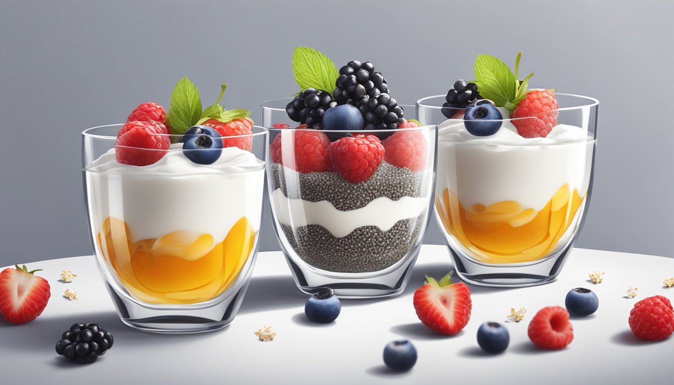 A glass parfait dish filled with layers of Greek yogurt and chia seeds, topped with fresh berries and a drizzle of honey