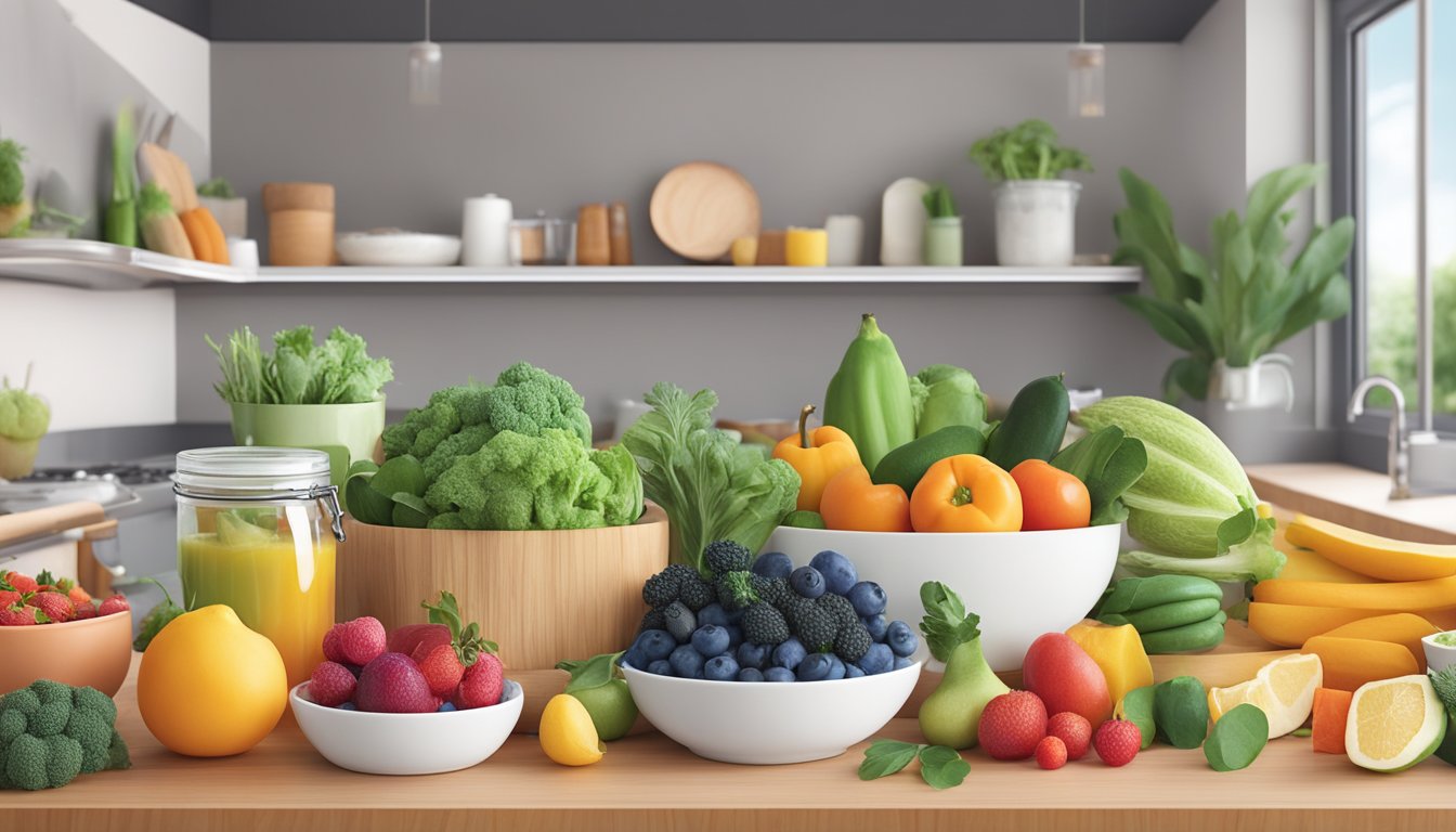 A colorful array of fresh, wholesome ingredients arranged on a clean, modern kitchen counter. No sugary or high-carb items in sight