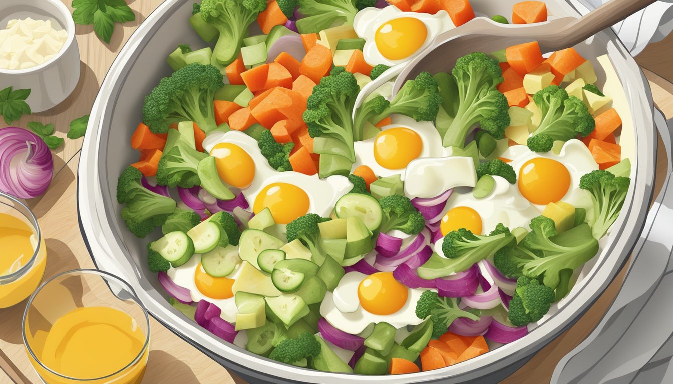 A colorful array of chopped vegetables and beaten egg whites being mixed together in a large casserole dish, ready to be baked into a healthy and diabetic-friendly breakfast option