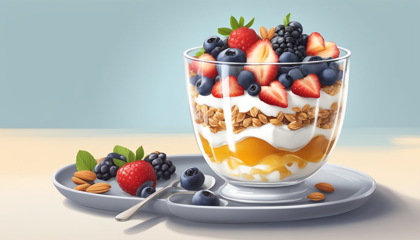 A glass parfait dish filled with layers of yogurt, crunchy granola, and fresh berries, topped with sliced almonds and a drizzle of honey