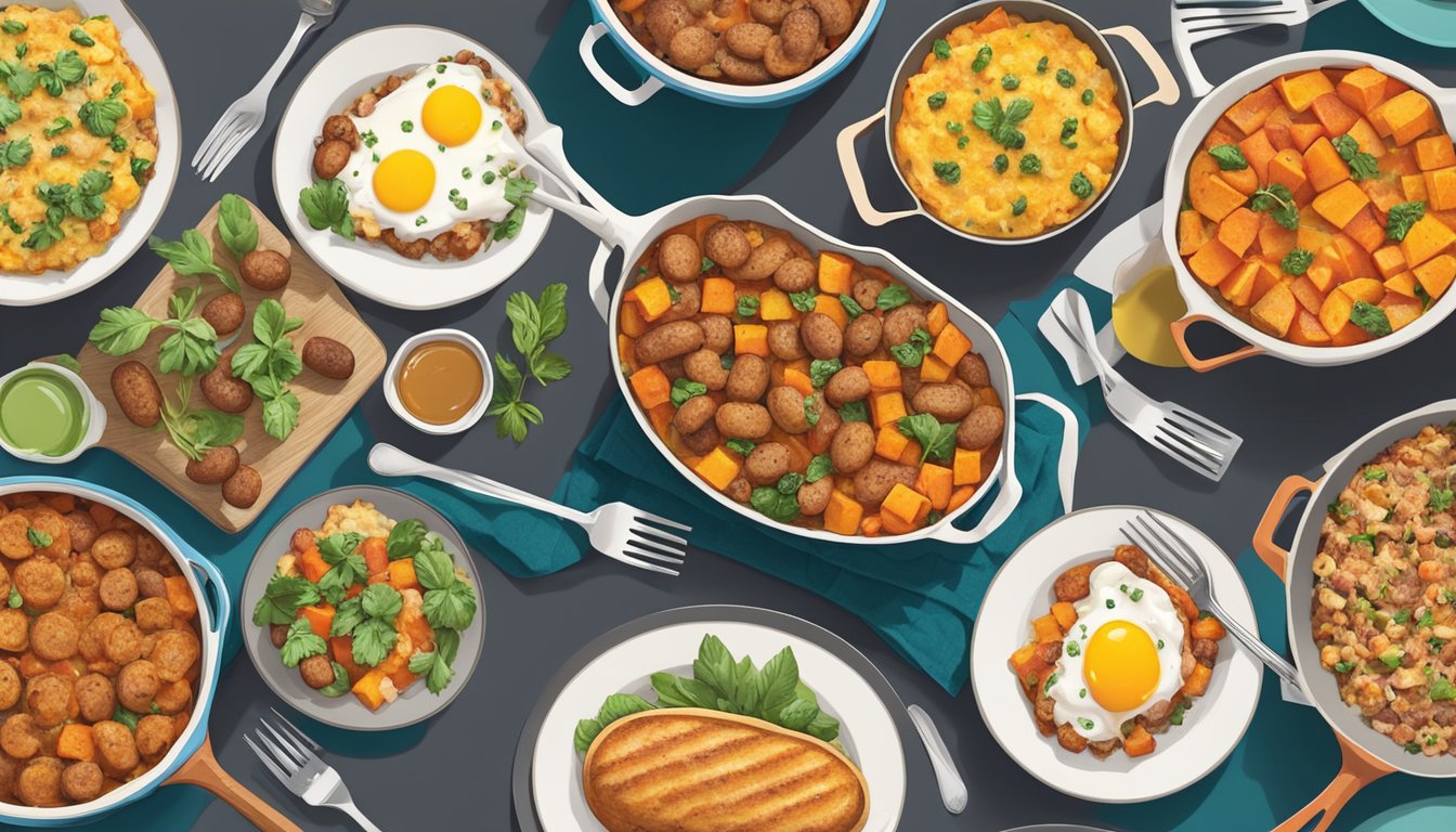 A colorful skillet filled with turkey sausage and sweet potatoes, surrounded by four other breakfast casseroles on a brunch table