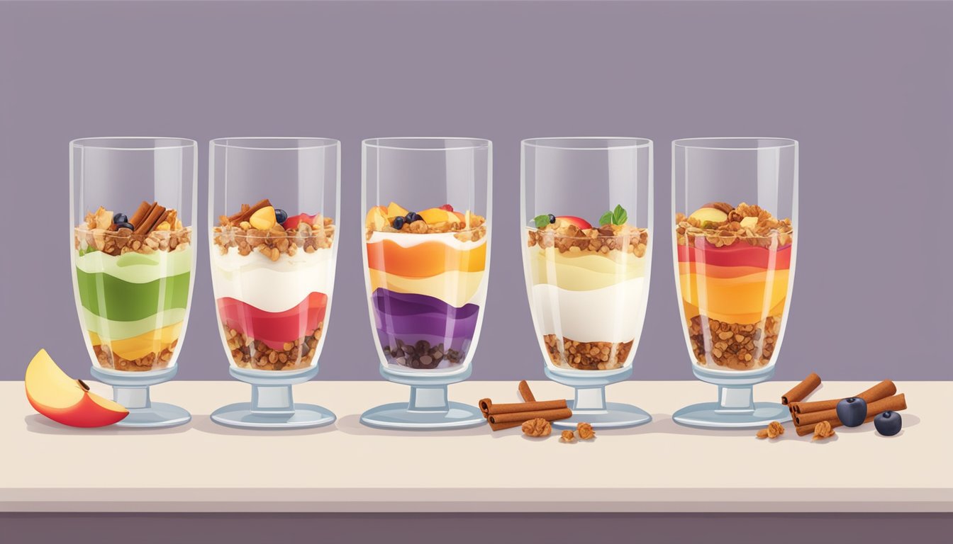 A table set with six colorful parfait glasses, each filled with layers of cinnamon-spiced yogurt, diced apples, and granola