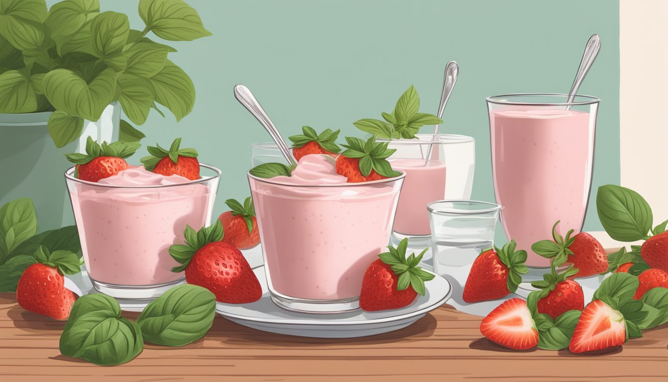 A bowl of strawberry basil yogurt sits on a wooden table surrounded by fresh strawberries, basil leaves, and granola. Six parfait glasses are arranged nearby