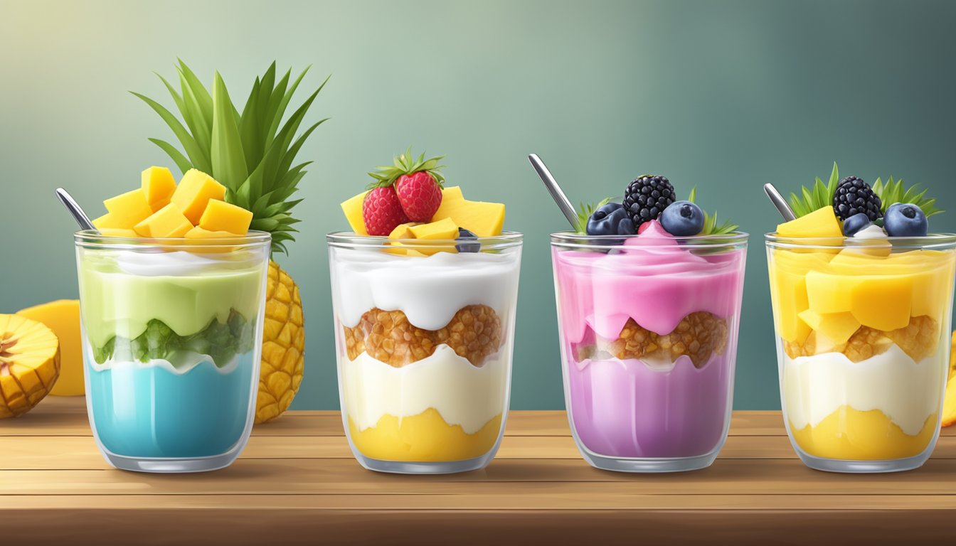 A colorful array of yogurt parfaits, each topped with vibrant mango and pineapple, arranged on a rustic wooden table