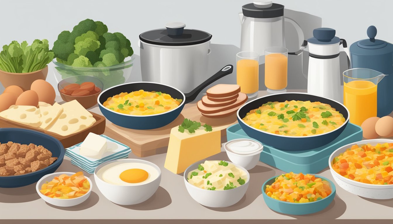 A kitchen counter with a variety of diabetic-friendly breakfast casserole ingredients laid out, including eggs, vegetables, lean meats, and low-carb cheeses