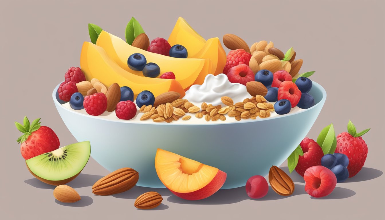 A colorful array of fresh fruits, nuts, and granola arranged around a bowl of creamy yogurt, ready to be layered into a delicious and nutritious parfait