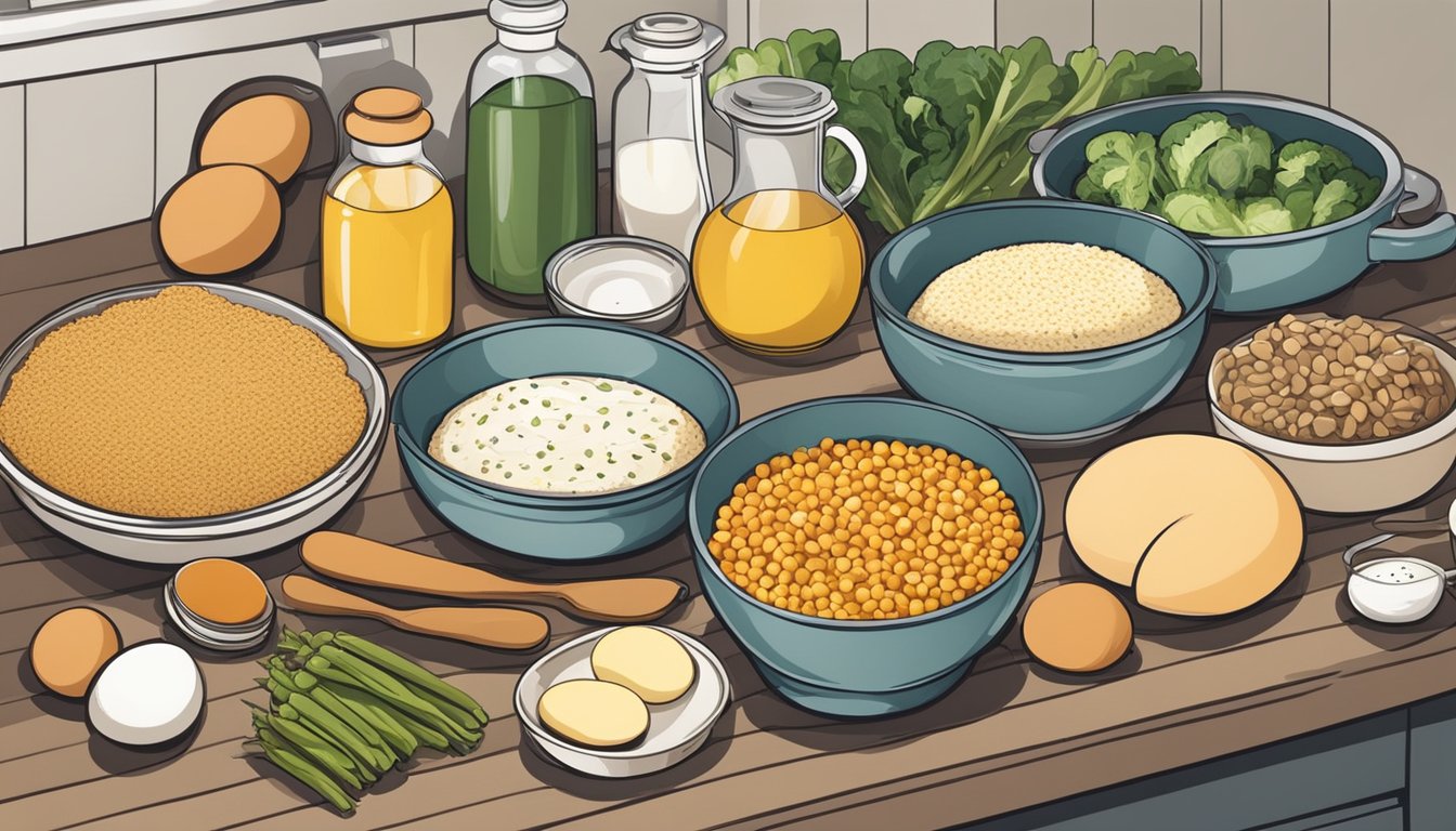 A kitchen counter with a variety of ingredients including eggs, vegetables, and whole grain bread. A casserole dish and cooking utensils are laid out for preparation