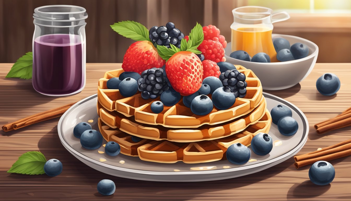 A stack of cinnamon vanilla protein waffles surrounded by fresh berries and a drizzle of sugar-free syrup on a rustic wooden table