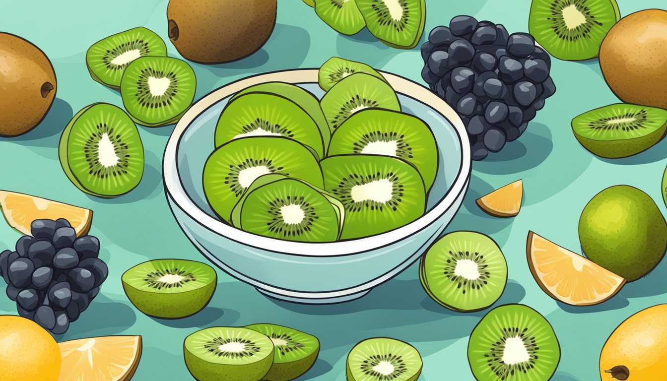 A bowl of kiwi slices surrounded by various low-sugar fruits on a breakfast table