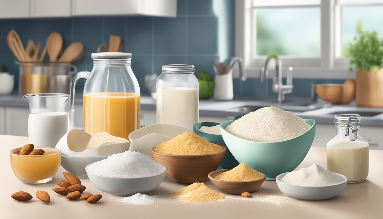 A kitchen counter with a mixing bowl, measuring cups, and various diabetic-friendly ingredients such as almond flour, coconut milk, and sugar-free syrup