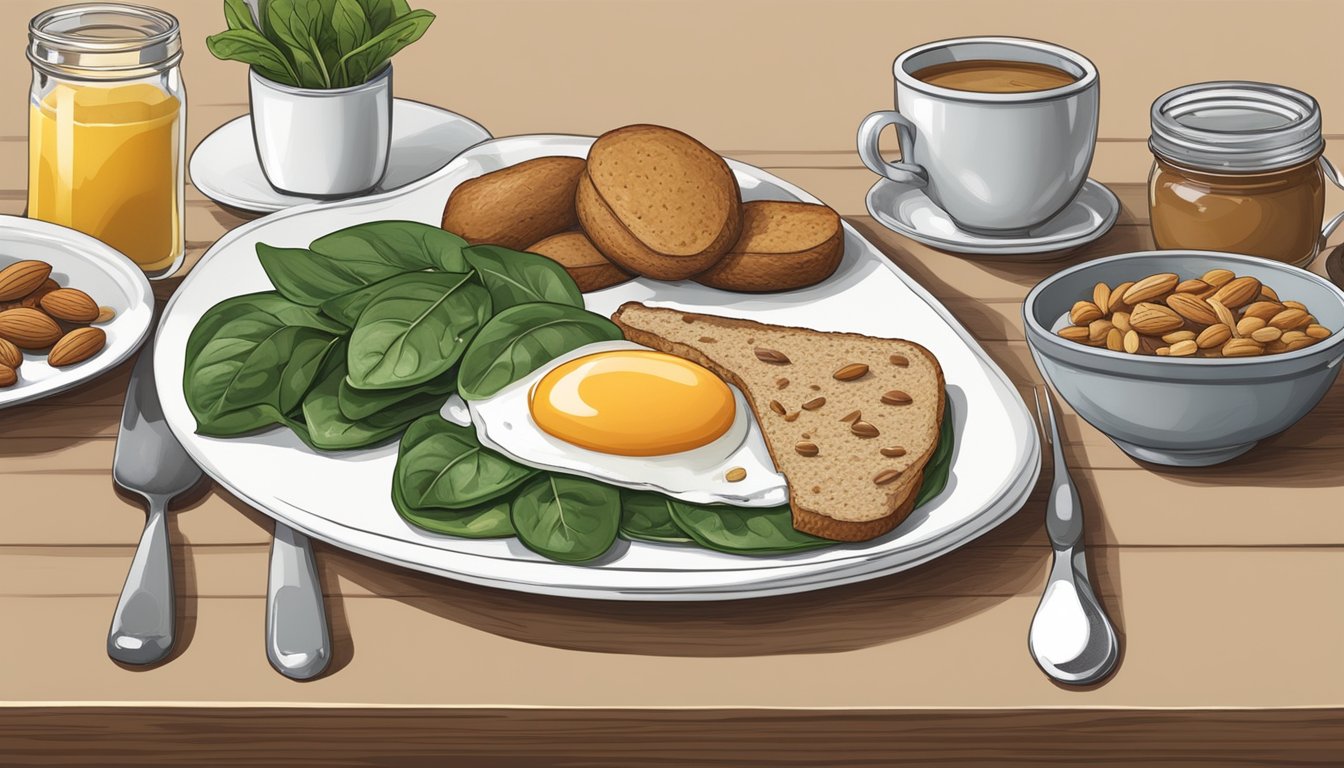 A table set with various breakfast items, including a jar of almond butter, a bowl of mixed nuts, and a plate of eggs and spinach