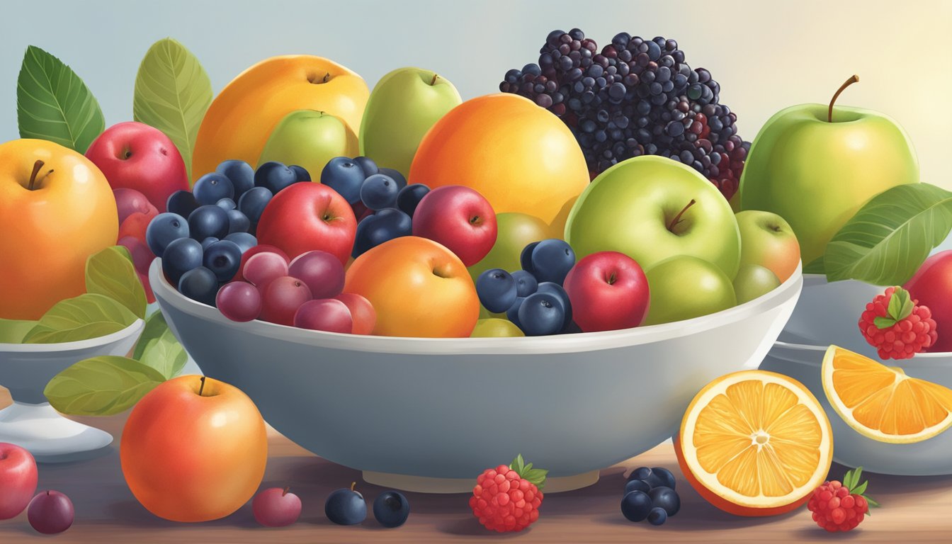 A bowl filled with a variety of low-sugar fruits, including apples, berries, and citrus, sits on a breakfast table