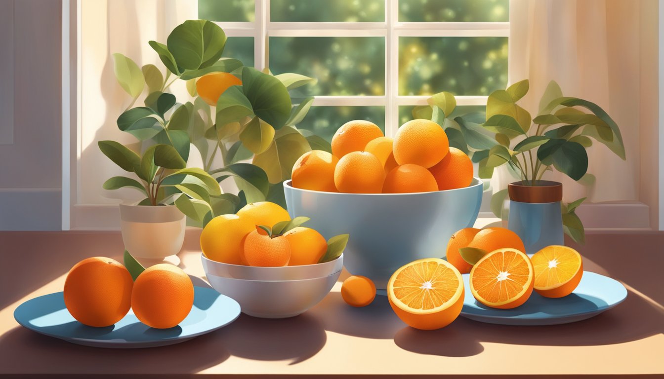 A bowl of oranges surrounded by various low-sugar fruits on a breakfast table. Sunlight streams in through a window, casting a warm glow on the vibrant fruits